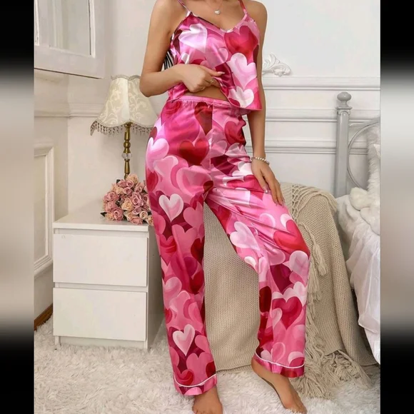 Heart Printed Satin Cami & Pants Pajama Set - Picture 3 of 4